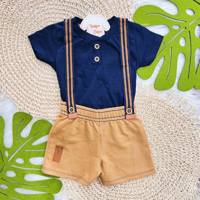 Conj. Camiseta e Bermuda com Suspensório - Marinho e Marrom